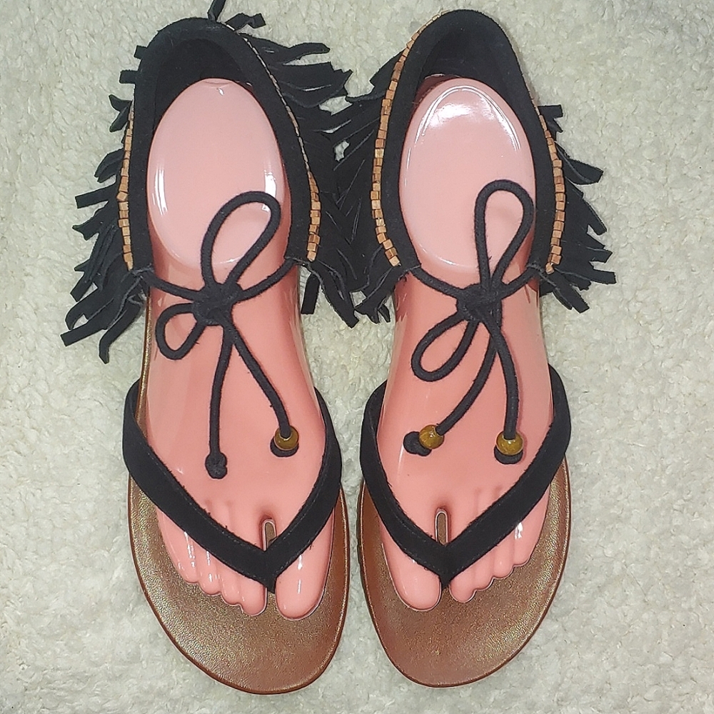 MIA Native Black Fringe Beaded Suede Leather Sandals - Picture 3 of 9